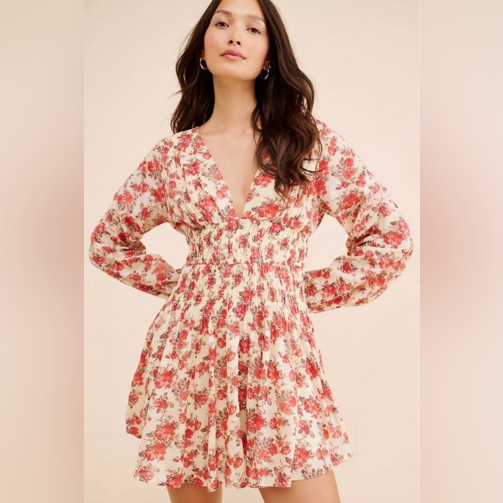 Free People Keep You Smocked Floral V-Neck Mini Dress Classic Size XS